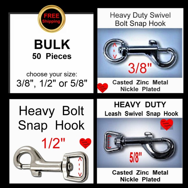 Bulk - 50 PIECES - 3/8", 1/2" or 5/8" - HEAVY DUTY Leash Hook, Casted Swivel Snap Lobster Claw Hook - Free Shipping