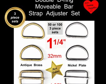 50 or 100 Sets - 1 1/4" - Moveable Bar Slide Strap Adjuster and Double D rings - Nickel Plate or Antique Brass - 1.25"