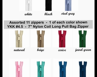 YKK - 7" Nylon Coil LONG Pull BAG Zipper - #4.5 - 11 Count Assorted Package