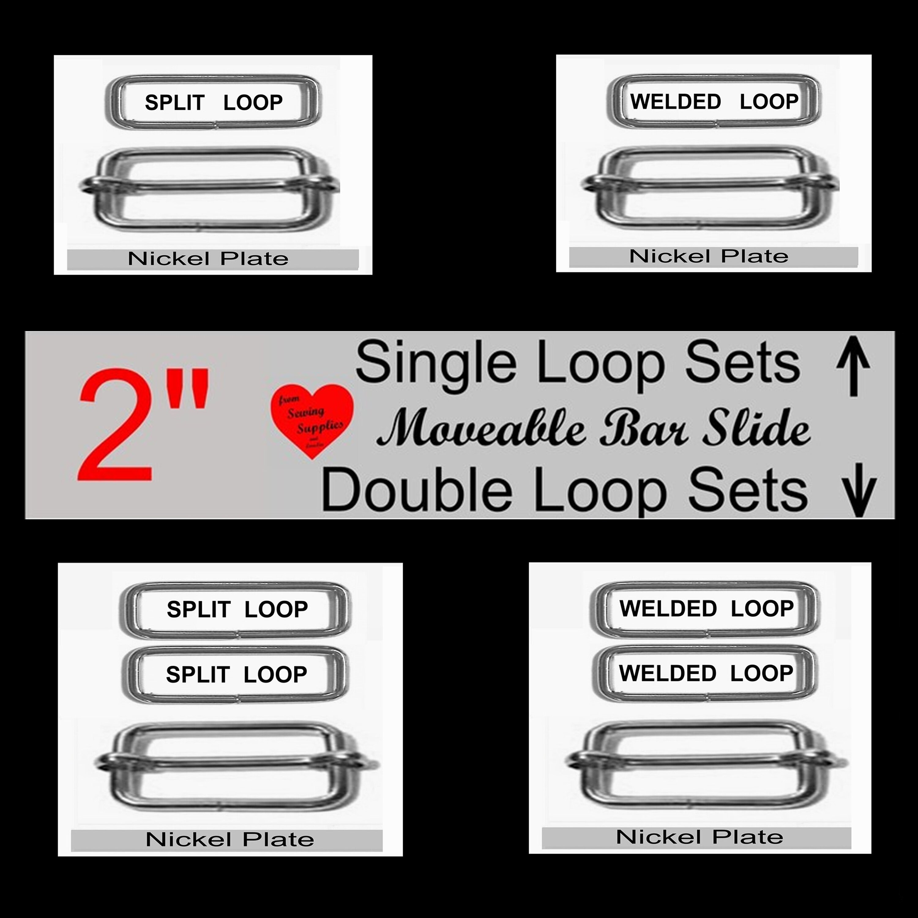 10 SETS 2 Moveable Sliders and 2 Inch Rectangular Loops Choose Single or  Double Loop Nickel Plate 