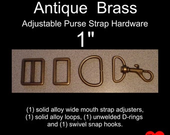 1 SET - (4 pieces) - 1" - Antique Brass Metal Handbag Purse Hardware Kit - Wide Mouth Slide, Double Ring and Swivel Snap Hook SET