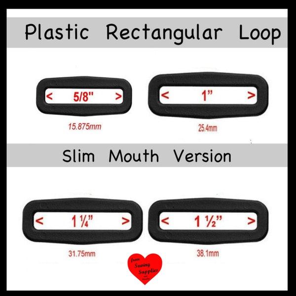 100 PIECES - 5/8", 3/4", 1", 1 1/4", 1 1/2" - Rectangular Slim Mouth Loop, Black Plastic Heavy Duty Polyacetal