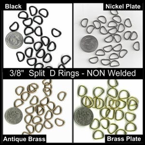 May include: A collection of 3/8 inch non-welded split D-rings in four finishes: black, nickel plate, antique brass, and brass plate. Each section includes a US quarter coin for scale, showing the small size of these metal hardware components.