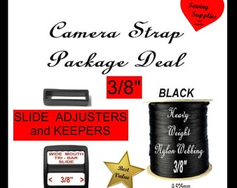 Camera Strap Package Deal - Strap Adjuster, 3/8 inch, 100 Slides  and 100 Keepers AND 50 Yards, Heavy Nylon Black Webbing