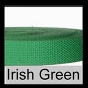 May include: A roll of Irish green webbing strap featuring a woven texture. Below the green strap, a rectangular label with a light gray background displays the text Irish Green in a bold, black, sans-serif font, clearly identifying the color.
