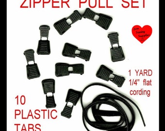 10 or 20 SETS - Plastic Zipper Pull SET, Includes Tabs And Nylon Webbing