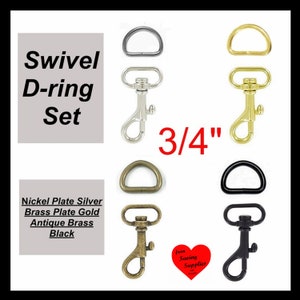 5 or 10 SETS 3/4 WRISTLET Hardware, Purse Strap Clip, 3/4 D ring and Swivel Snap Hook Nickel or Brass Plate, Antique Brass or Black image 1