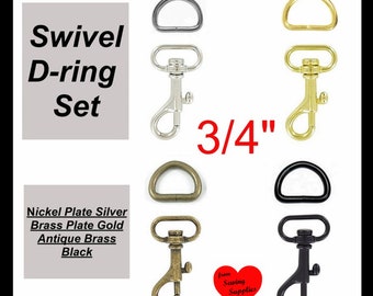 5 or 10 SETS - 3/4" - WRISTLET Hardware, Purse Strap Clip, 3/4" D ring and Swivel Snap Hook - Nickel or Brass Plate, Antique Brass or Black