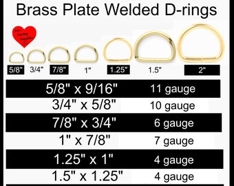 Brass Plated WELDED D rings - size 5/8, 3/4, 7/8, 1, 1.25, 1.5 and 2"