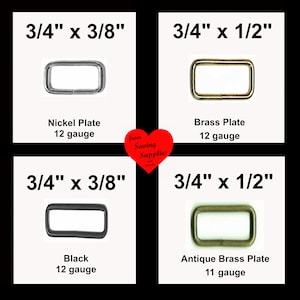 May include: Four rectangular metal loops in nickel plate, brass plate, black, and antique brass plate finishes. Dimensions are 3/4 inch by 3/8 inch or 3/4 inch by 1/2 inch, with 11 or 12 gauge wire. A red heart icon displays the text from Sewing Supplies.