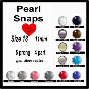 12 SETS Pearl No Sew SNAPS, 11mm, 5 prong, 4 Part, Size 18 You Choose Color image 1
