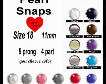 12 SETS - Pearl No Sew SNAPS, 11mm, 5 prong, 4 Part, Size 18 - You Choose Color