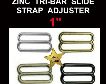 100 PIECES - 1" - Metal ZINC Diecast Slide, Tri-bar Buckle Purse Strap Adjuster - Nickel or Brass Plate, Black or Antique Brass