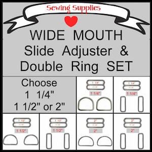 1 SET - Wide Mouth Zinc Slide Adjuster and Double Ring Set - Choose D-Rings or Rectangular Loops - 1 1/4", 1 1/2" or 2"