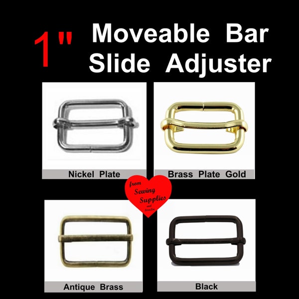 5 or 10 PIECES - 1" - Moveable Bar Slide, Strap Adjuster Slider - Antique BRASS, BLACK, Nickel or Brass Plate Gold Finish