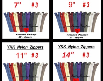 27 ZIPPERS - 7", 9", 11" or 14" - YKK Nylon Zippers - Special Promotion, Assorted Package