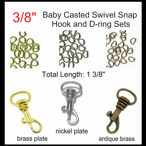 10 or 20 SETS - 3/8" Baby Casted Swivel Snap Hook and D-rings, Nickel or Brass Plate or Antique Brass  - Total Length of snap hook 1 3/8"