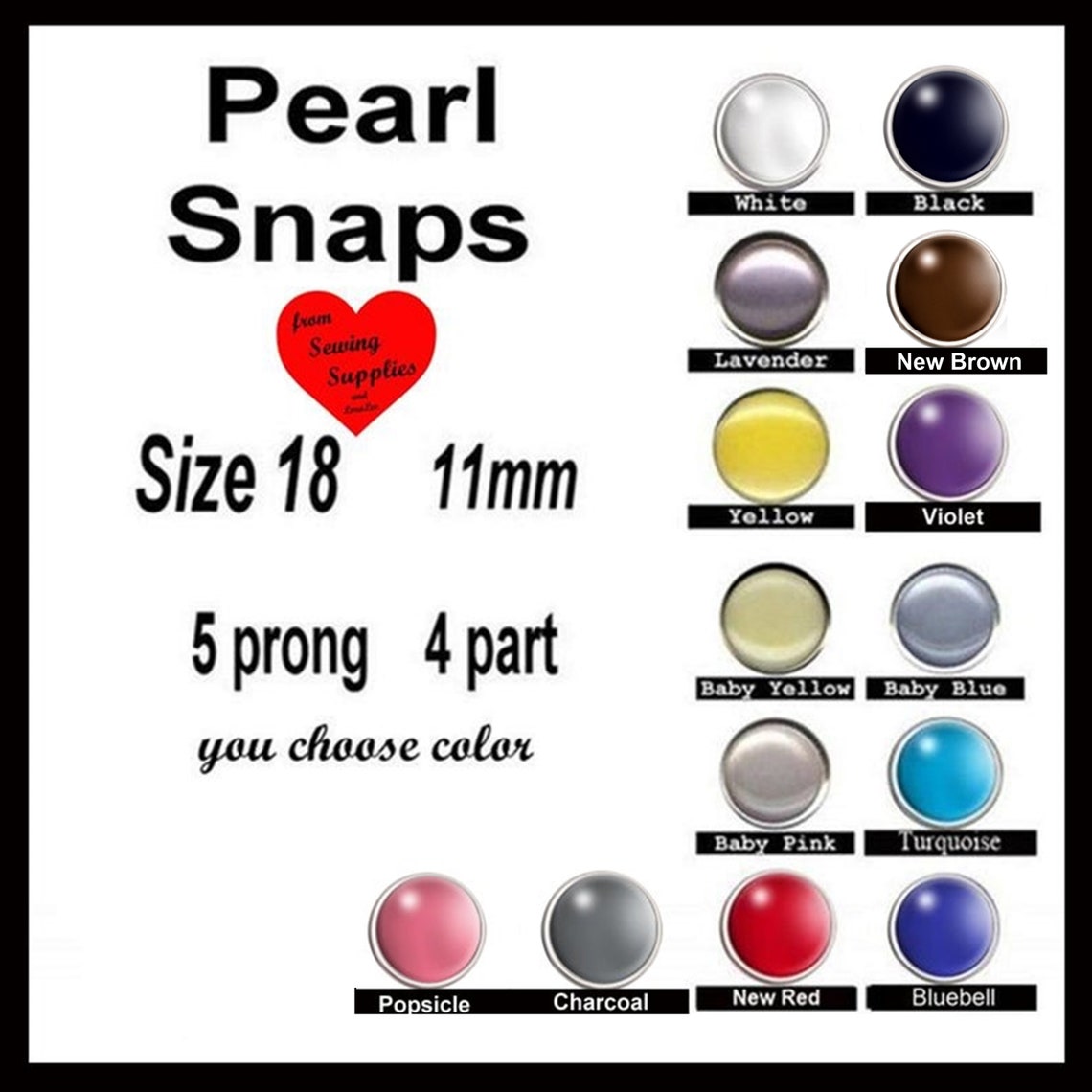 12 SETS Pearl No Sew SNAPS 11mm 5 prong 4 Part Size 18 Etsy