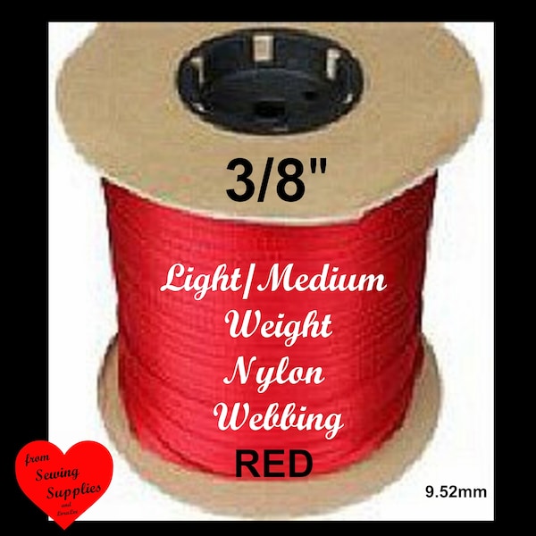 5, 10 or 20 Yards - 3/8" - SOFT NYLON Webbing, 8.59 mm, Strap, Camera, Lanyard, Light/Medium Weight, .99 mm thick - RED