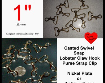 5, 6, 10 or 12  Pieces - 1" - Casted Swivel Snap Lobster Claw Hook, Purse Strap Clip - Nickel Plate or Antique Brass