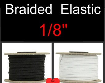 36 Yard Reel - 1/8" - WHITE or BLACK - Flat Braided ELASTIC, 1/8 inch