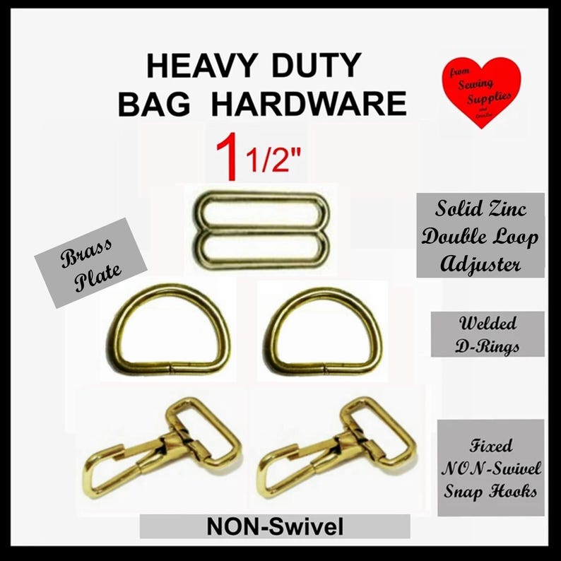 May include: Heavy duty bag hardware set featuring a 1 1/2 inch brass plated solid zinc double loop adjuster, two welded D-rings, and two fixed non-swivel snap hooks. The hardware has a metallic gold finish and is designed for bag strap construction.