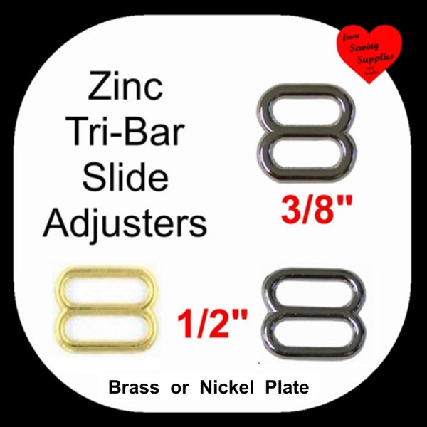 20 PIECES - 3/8" or 1/2 " - METAL ZINC Diecast Slide, Tri-bar Nickel or Brass Plate, Buckle Strap Adjuster