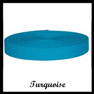 May include: A continuous roll of bright turquoise woven webbing tape, featuring a dense, textured, and durable fabric construction. The material is coiled into a flat, circular shape, and the word Turquoise is printed in black below the roll.