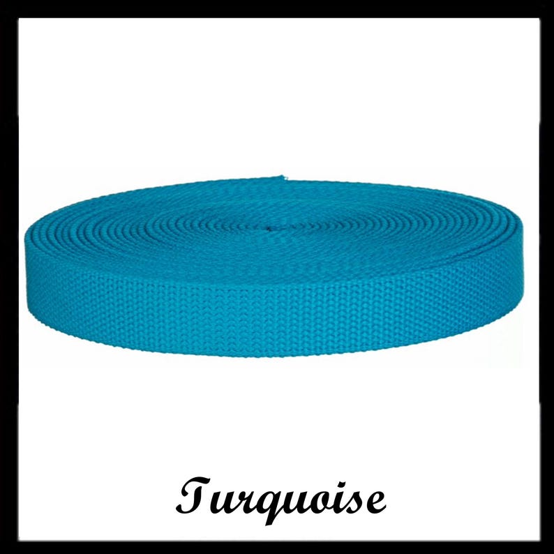 May include: A continuous roll of bright turquoise woven webbing tape, featuring a dense, textured, and durable fabric construction. The material is coiled into a flat, circular shape, and the word Turquoise is printed in black below the roll.