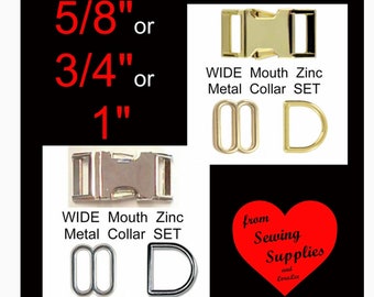 1 SET - Solid Zinc - Nickel or Brass Plate METAL - WIDE Mouth - Dog Collar Kits - 3 Pieces - 5/8", 3/4" or 1" - Black also available in 1"