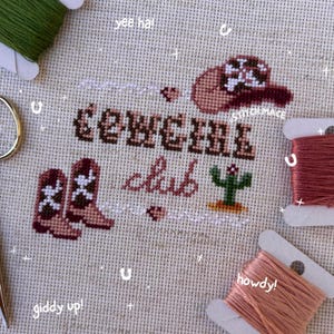 Cowgirl Club Cross Stitch Pattern - boots, rodeo, howdy, cowboy, pink pony, yee haw, cactus, aesthetic, rustic PDF downloadable