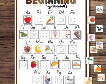 Sonidos iniciales, juego de alfabeto imprimible, plan de estudios preescolar, aprender a leer, actividad de educación en el hogar, actividad fonética, juego educativo