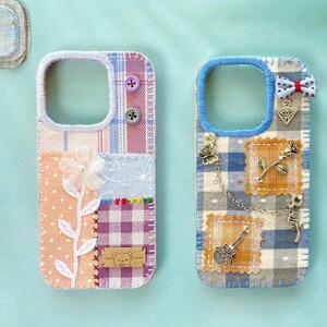 Vintage stoffen telefoonhoesje, boho patchwork telefoonhoesje met schattige bedels, gepersonaliseerde retro telefoonhoes met borduurdetails, naaiontwerp