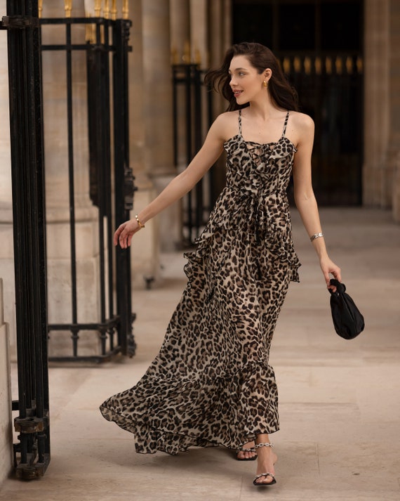Cocktail Maxi Backless Dress Long Leopard Print Dresses for Women Chiffon Summer Sun Dresses Cyber Sale Dresses Black Friday Sale Etsy