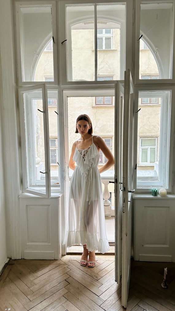 Long Chiffon Beach Wedding Dress, Simple Casual Bridal Gown, White