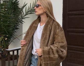 Womans eco premium fur overcoat, oversized winter vintage coat, warm luxury fur gift for woman, long winter fur clothing, womans fur jacket