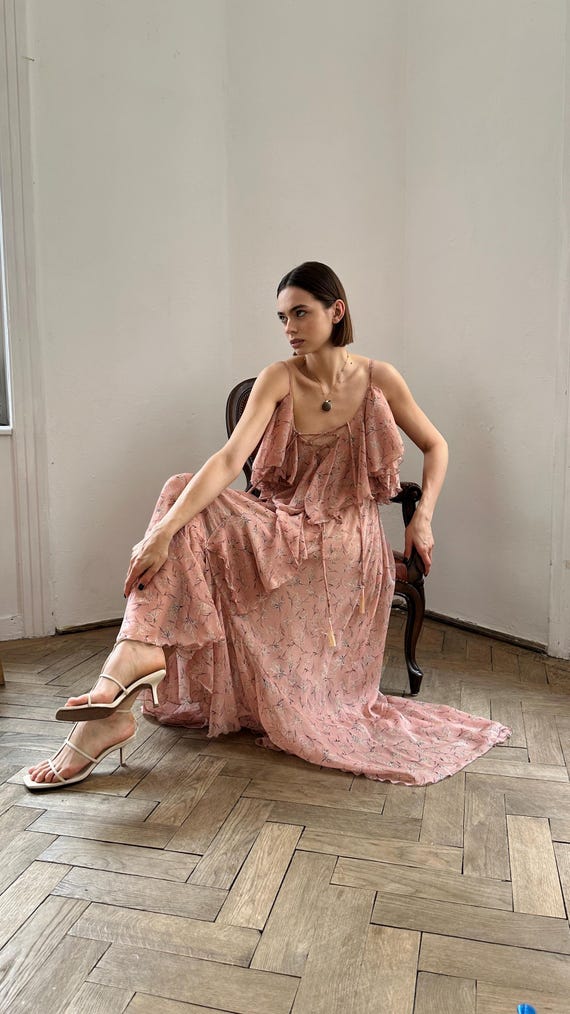 Airy lounge dress, shabby chic long dress, simple wedding dress, pale blush maxi dress, tulle fairycore dress