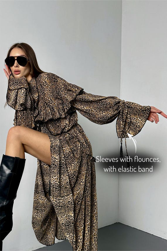 Leopard Print Midi Dress, Plus Size Event Dress, Womens Prom Dresses,  Cocktail Brown Animal Print Dresses, Graduation Long Sleeve Dress - Etsy