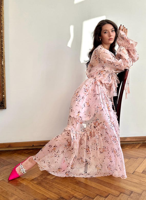 Bohemian Beach wedding dress, pink tulle dress, boho maxi dress, fairy prom dress, fantasy sheer dress, floral print dress