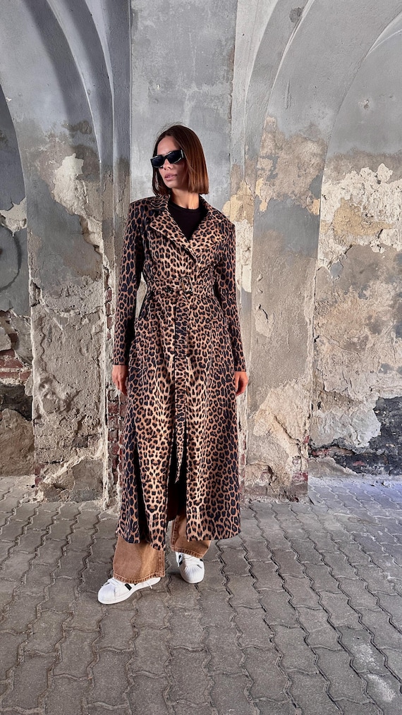 Long Leopard Print Trench Coat for Women, Vintage Women Clothing