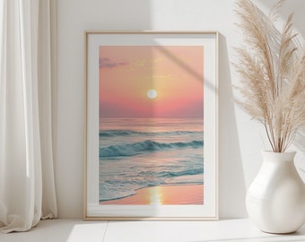 Pastel Sunset Ocean Beach Print Wall Art, Tropical Coastal Prints, Boho Beach Poster, Pastel Beach Sea Print, Pastel Ocean Sunset Print
