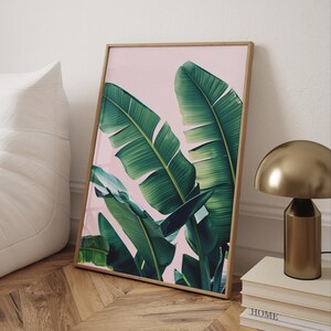 Rosa Tropische Bananenblätter Druck Poster, Tropische Moderne Wandkunst, Botanische Drucke, Strand Druck, Palmen Druck, Strand Wandkunst
