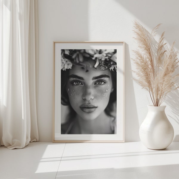 Hippie Boho Woman Portrait Poster, Mother Earth Gaia Nature Goddess Wall Art, Hippie Girl, Black and White Poster, Scandinavian Print