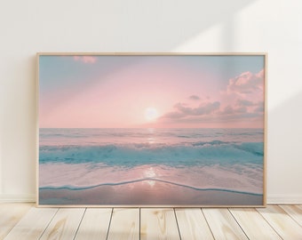 Pink Pastel Horizontal Sunset Ocean Beach Print Wall Art, Boho Beach Poster, Pastel Beach Sea Print, Pastel Ocean Sunset Print Coastal Print