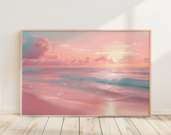 Warm Pink Pastel Horizontal Sunset Ocean Beach Print Wall Art, Boho Beach Poster, Pastel Beach Sea Print, Pastel Ocean Sunset Prints