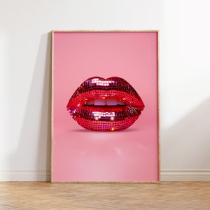 Rote Disco-Lippen, rosa Wandkunst, druckbares Poster, trendiges rosa Poster, mädchenhafte adrette rosa Wandkunst, Funky-Wandkunst, Retro-Kunstdruck-Poster