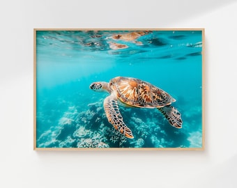 Beautiful Turtle in Ocean Crystal Water Print Wall Art, Turtle Underwater Photo, Ocean Life Prints, Tropical Ocean Coral Reef Print Poster