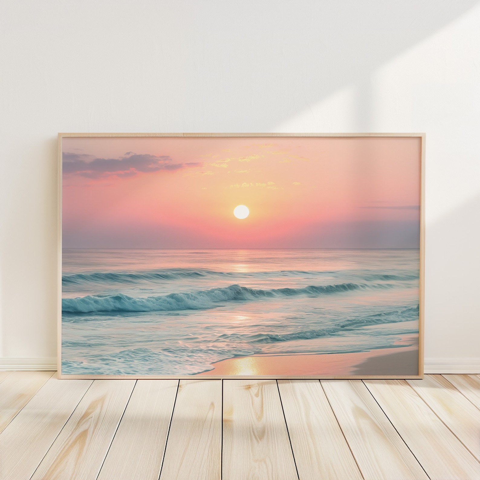 Pastel Horizontal Sunset Ocean Beach Print Wall Art, Boho Beach Poster, Pastel Beach Sea Print, Pastel Ocean Sunset Prints