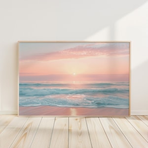 Mooie pastel horizontale zonsondergang oceaan strand print kunst aan de muur, Boho strand poster, pastel strand zee print, pastel oceaan zonsondergang prints