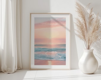 Sanfter Pastell-Sonnenuntergang-Ozean-Strand-Druck, Wandkunst, tropische Küstendrucke, Boho-Strand-Poster, Pastell-Strand-Meer-Druck, Pastell-Ozean-Sonnenuntergang-Druck